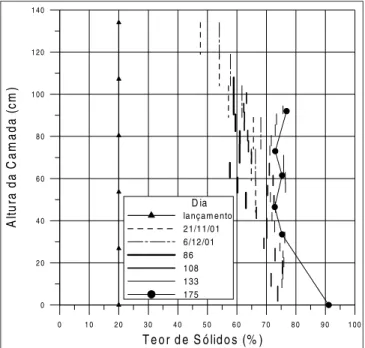 Figura 5 - Perfis de teor de sólidos para diversos tempos.