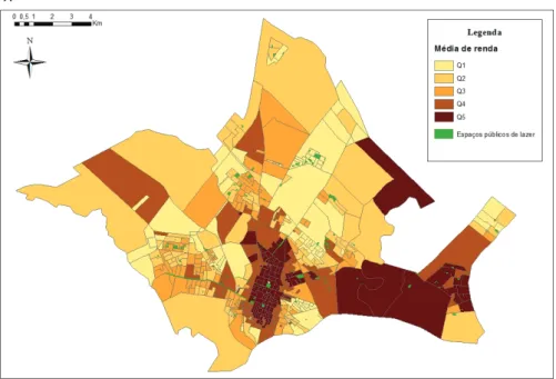 FIguRa 3 –  Distribuição dos espaços públicos de lazer de acordo com (A) quintis da média de ren- ren-da domiciliar (r = 0,31) e (B) quintis ren-da densiren-dade populacional (r = -0,32) dos setores censitários