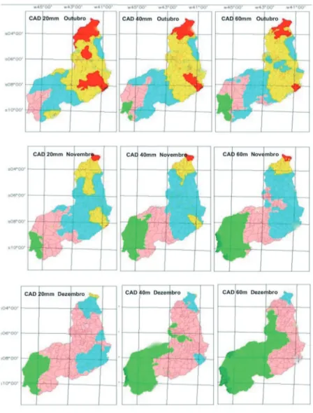 Figure 5 - Gross irrigation depths (mm) for watermelon crops in the Piauí State, Brazil, with sowing taking place  from October 1 st  to December 1 st  and with different soil available water capacities.