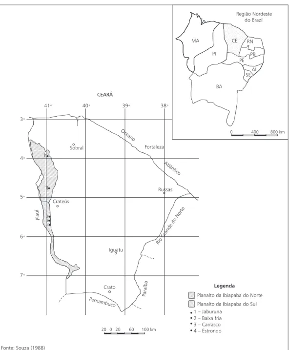 Fig. 1 — Localização das áreas de carrasco estudadas no planalto da Ibiapaba, estado do Ceará.