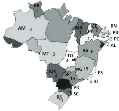 FIguRa 2 –  Número de programas de Caminhada Orientada em universidades públicas nos esta- esta-dos brasileiros