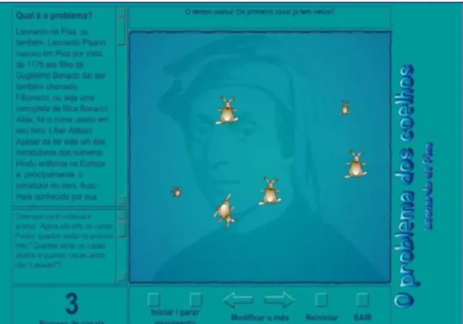 Figura 3: Tela do objeto de aprendizagem o Problema dos coelhos – Leonardo de Pisa  Fonte: Ludoteca do Instituto de Física da USP