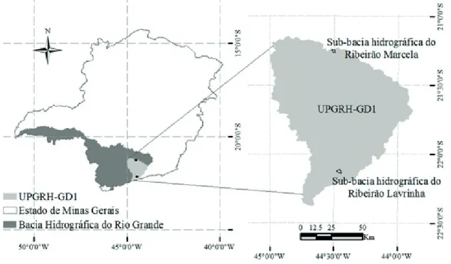 Figura 1. Localização das sub-bacias hidrográficas do Ribeirão Lavrinha (SRL) e do Ribeirão Marcela (SRM).