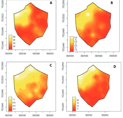 Figura 3:  Mapa de gradiente para potássio (A), matéria orgânica (B), potencial hidrogeniônico (C), saturação  por bases, (D).