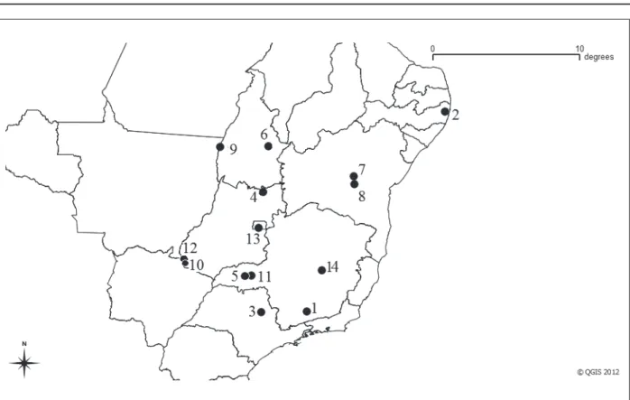 Figure 4. Geographic distribution for P. simplex in Brazil. The numbers refer to the localities on Table 4