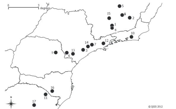 Figure 2. Geographic distribution for B. labiosus in Brazil. Numbers refer to the localities on Table 2