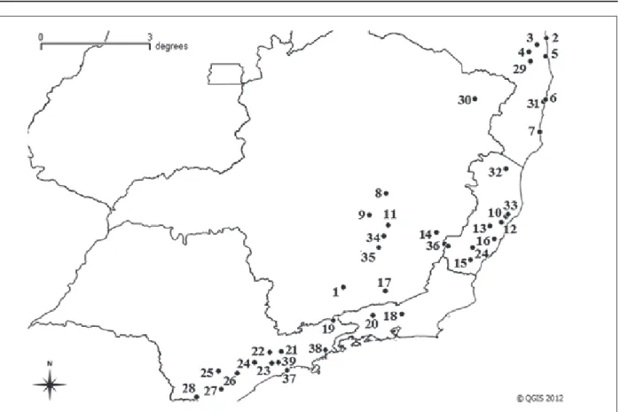 Figure 3. Geographic distribution for B. breviceps in Brazil. The numbers refer to the localities on Table 3