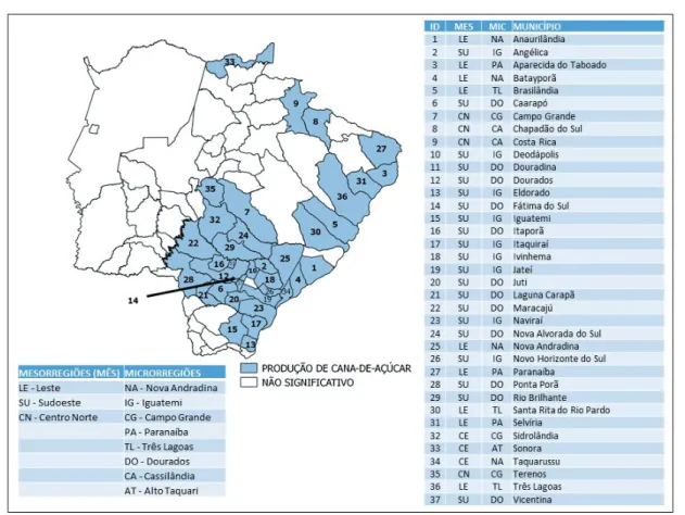 Figura 1  Localização dos municípios com produtores de cana-de-açúcar ao longo dos anos de 2003 a 2011  no Estado de Mato Grosso Sul