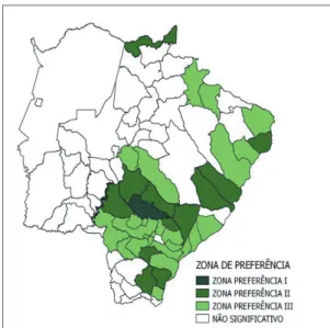 Figura 4 Zona de preferência da produção de cana-de-açúcar pela análise conjunta nos municípios de Mato  Grosso do Sul ao longo dos anos de 2003 a 2011