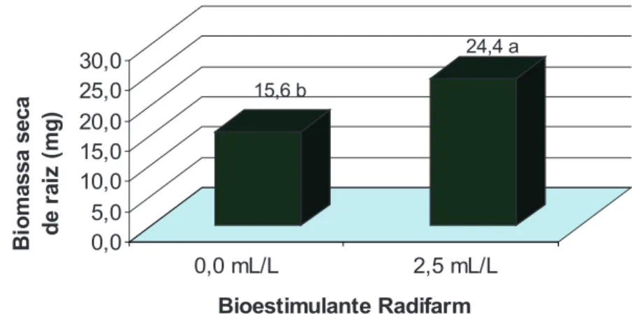 Figura 3 Biomassa seca de raiz (mg) em estacas herbáceas de H. marrubioides submetidas a aplicação do  Bioestimulante Radifarm ® 
