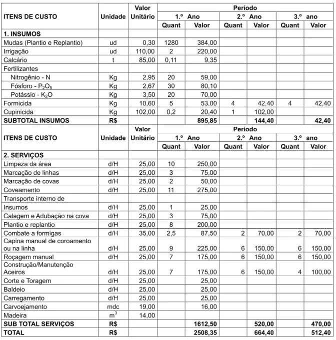 Tabela 1 - Custos do projeto florestal visando à produção de carvão e madeira para serraria em Senador Firmino  (MG).