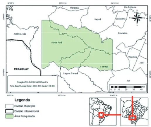 Figura 1. Mapa de localização da área de estudo: porção da microbacia do rio Dourados.