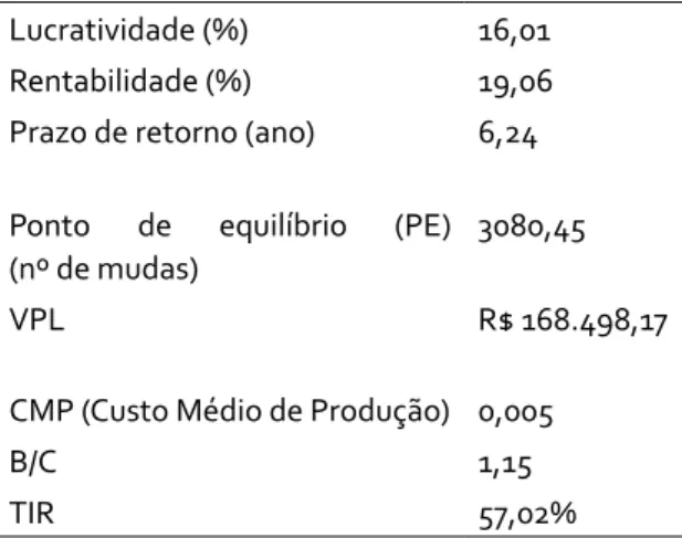 Tabela  3:  Resultados  econômicos  do  projeto.  Bom  Jesus,  2012.