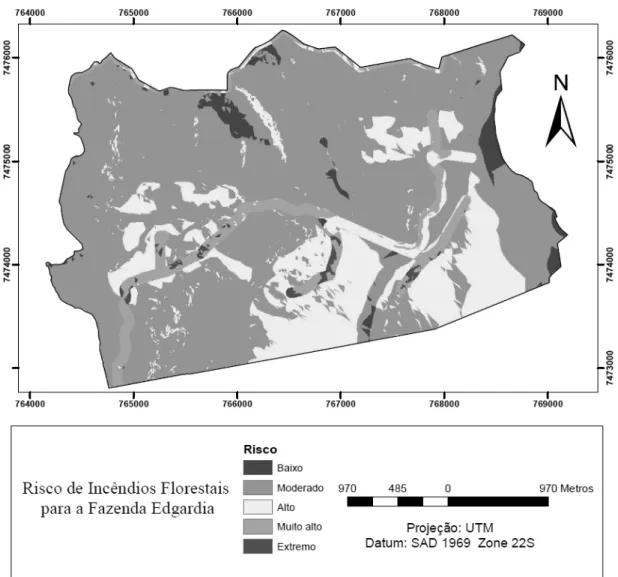 Figura 3. Espacialização das classes de risco de incêndios florestais para a fazenda experimental Edgardia.