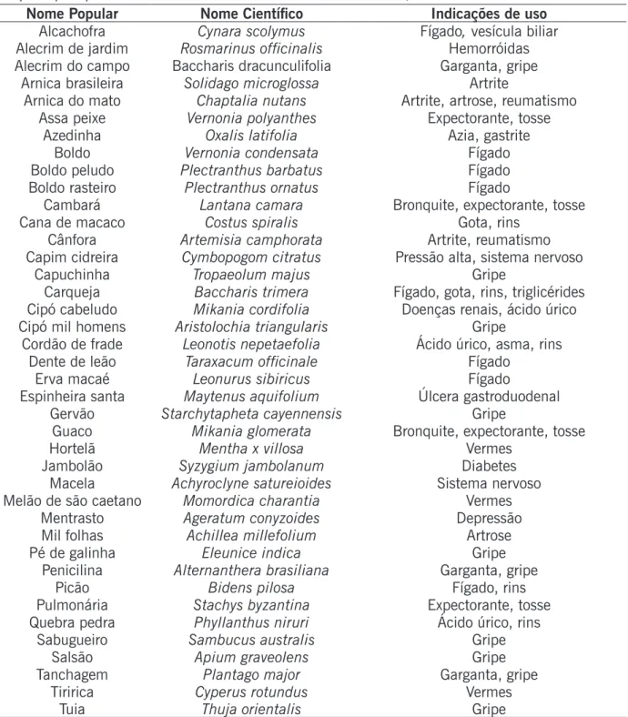 Tabela 1. Relação de 40 espécies medicinais (nomes populares e científicos) e as indicações de uso  nos principais problemas levantados no Bairro Barra