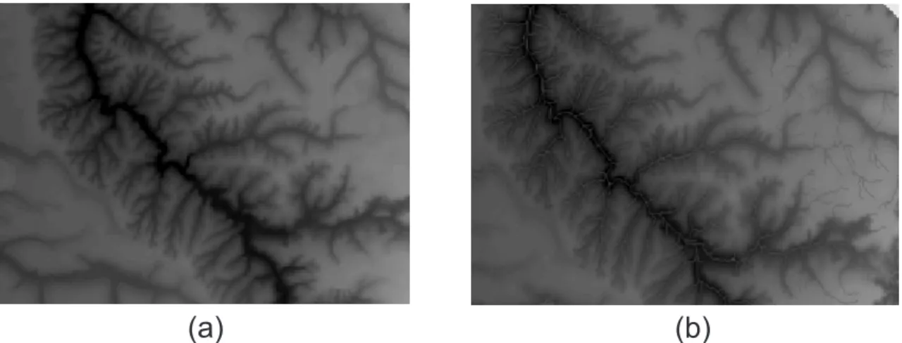 Figura 3 – Exemplo da aplicação da metodologia em uma imagem SRTM: (a) Drenagem visível na imagem; (b)  Extração da drenagem pelo ArcGIS visualizando os vetores criados.