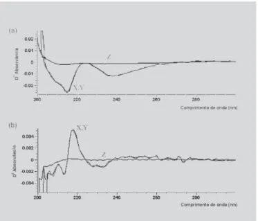 FIGURA 3. Espectros das soluções de GLIB padrão (X) e comprimidos referência (R) na concentração 0,5 mg% em tampão fosfato 0,1 mol L -1 , pH 7,3 em primeira (a) e segunda (b) ordens de derivada.