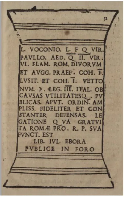 Figura 1 - Inscrição apresentada na carta a Bartolomeu de Quevedo,  reproduzida aqui a partir da primeira edição contida no volume Carmen 