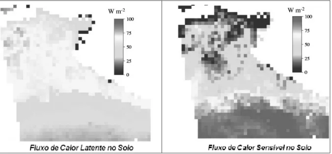 Figura 2.  Variação espacial do fluxo de calor latente e sensível no solo, estimado com técni- técni-cas de fusão de dados de umidade do solo e temperatura da superfície radiométrica dos sensores  ASMR-E e MODIS, na região da savana no norte Australiano, n