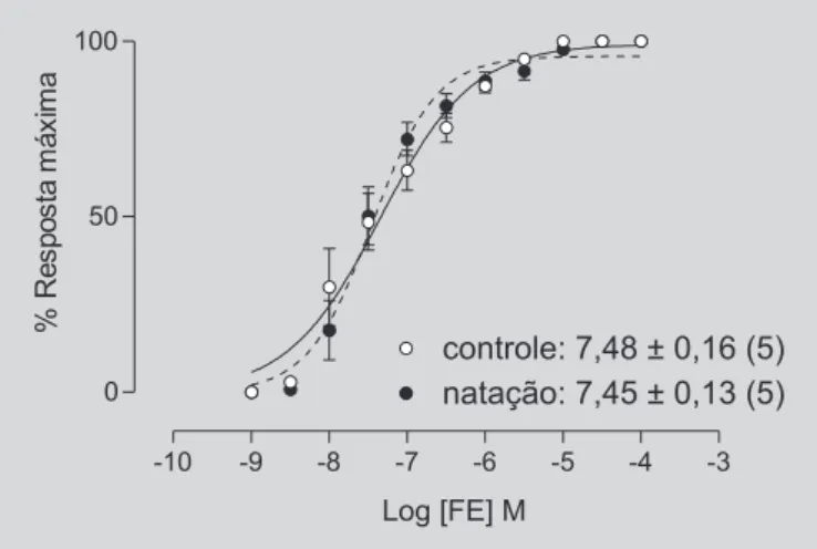 FIGURA 2 - Curvas concentração-efeito à fenilefrina em anéis sem endotélio, isolados da aorta torácica de ratos controle ou submetidos à natação forçada
