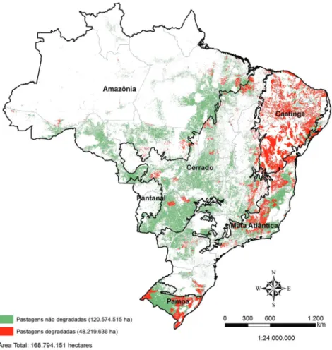 FIGURA 1. Área de pastagens não degradadas e degradadas (capacidade  de suporte menor do que 0,75 cabeças/ha) no Brasil.