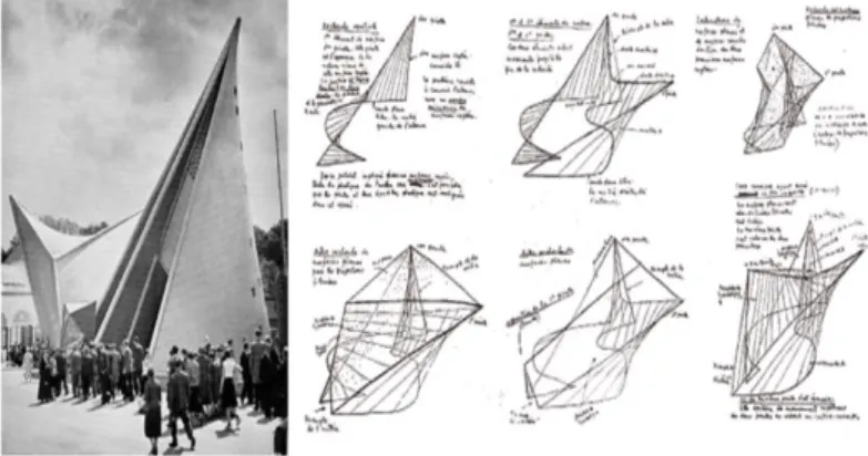 Fig. 5 Pavilhão Phillips e croquis da sua estruturação por Xenakis e Corbusier (Xenakis, 2012)