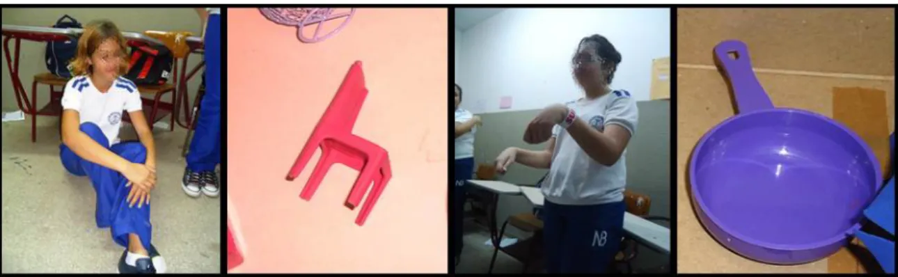 Figura 4 – Composições individuais – cadeira representada por uma aluna não vidente (à esquerda) e  frigideira representada por uma aluna vidente (à direita)
