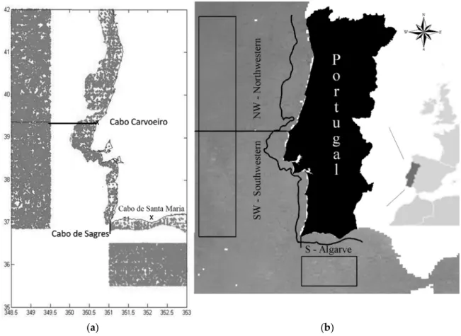 Figure 1. Map of the Portuguese coast, showing the studied areas (Northwestern—NW,  Southwestern—SW, and South-Algarve—S) and information on the International Comprehensive  Ocean—Atmosphere Data Set (ICOADS) point data (a) and satellite (b) observation po