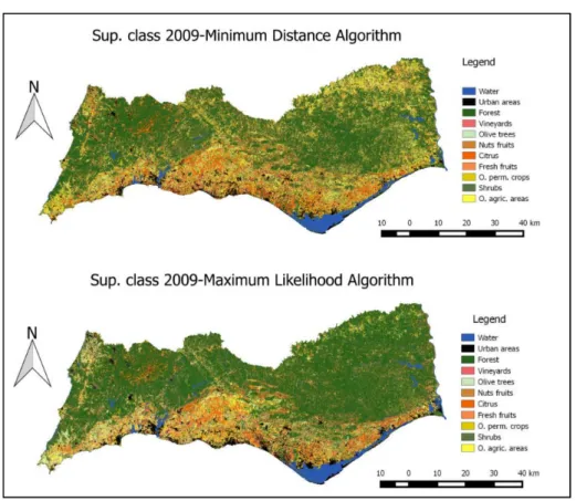 Figure 3 presents examples of the results for 2009 using the LANDSAT 5 image in the Algarve region and the minimum distance algorithm and the maximum likelihood algorithm