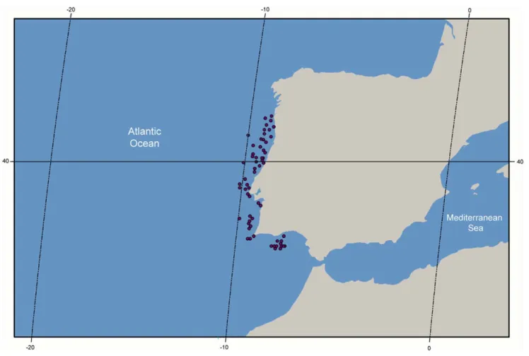 Figure 1. Sampling locations of marine fishes along Portuguese mainland coast. Yellow circle – 1–5 specimens, orange circle – 5–50 specimens, red circle – .50 specimens.