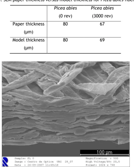 Table 4. SEM paper thickness versus model thickness for Picea abies fibers (FL)  Picea abies  (0 rev)  Picea abies (3000 rev)  Paper thickness  (µm)  80  67  Model thickness  (µm)  80  69 