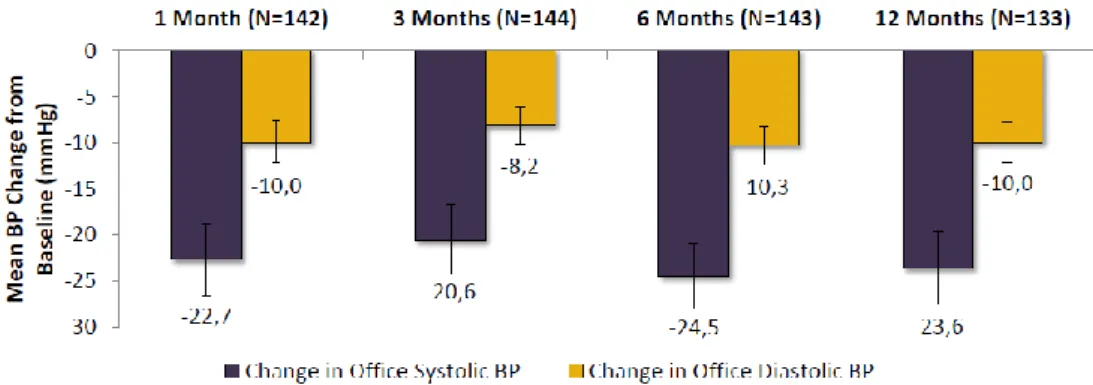 Gráfico 4 – Redução da pressão arterial ao longo dos 12 meses de seguimento do estudo  REDUCE-HTN (40) 