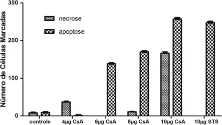 Figura 3. Gráico de morte celular por apoptose e necrose. A linhagem celular M3 foi incubada com concentrações crescentes de Ciclosporina  A, sendo o controle positivo para apoptose 10 µg/mL de Estaurosporina (STS)