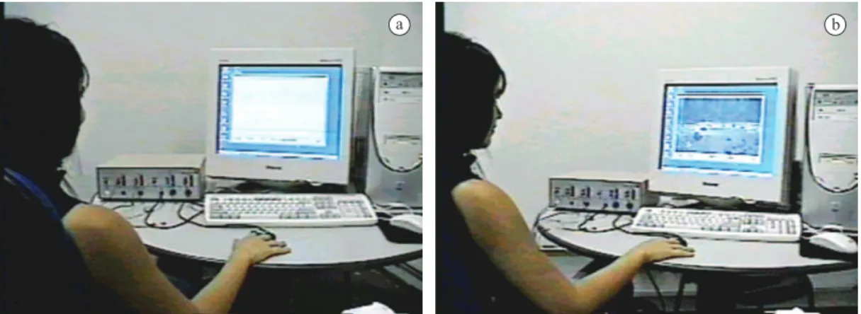 Figura 9.  Feedback fornecido à voluntária em sessão de biofeedback eletrodérmico: (a) voluntária fora do padrão desejado; (b) voluntária  atingindo o padrão determinado.