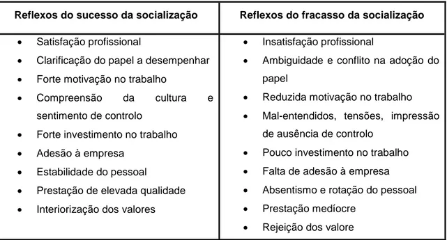Tabela 2 - Resultados possíveis do processo de socialização (Caetano &amp; Vala, 2000) 