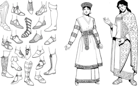 Figura 14 - Calçado do Império Bizantino à esquerda, apresentando trajes do século  XXI do mesmo império