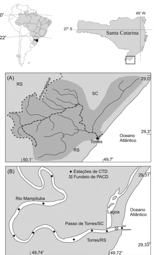 Figura 1 – Localizac¸˜ao da ´area de estudo. Porc¸˜ao do baixo estu´ario do Rio Mampituba, o c´ırculo cheio indica o local de fundeio e os losangos os pontos de perfilagem de CTD realizados no ano de 2008.