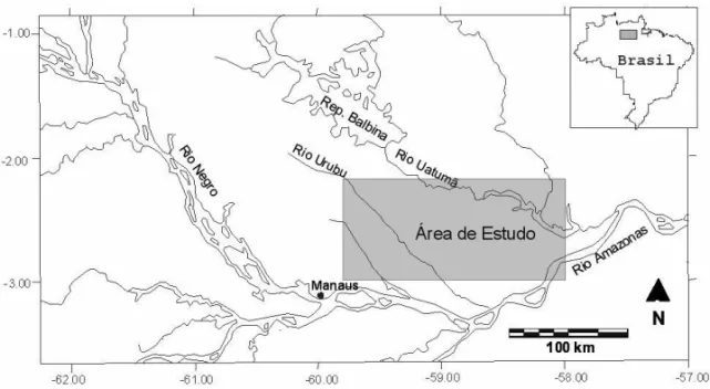 Figura 1 – Localizac¸˜ao da ´area de estudo, no flanco norte da Bacia do Amazonas.