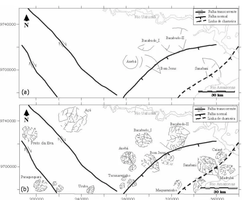 Figura 5 – Anomalias de drenagem identificadas a partir da an´alise da rede de drenagem extra´ıda de mosaicos de radar do Projeto Radambrasil e imagens Landsat-TM (Miranda et al., 1994) (a); e identificadas a partir da rede de drenagem extra´ıda automatica