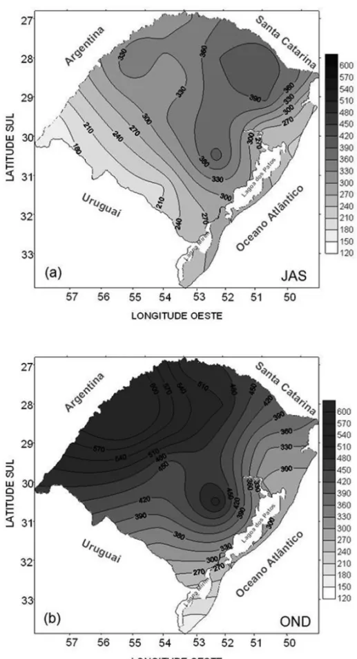 Figura 4 – Distribuic¸˜ao sazonal da precipitac¸˜ao pluvial (mm) no RS em 2006 nos per´ıodos: (a) frio (JAS) e (b) temperado quente (OND).