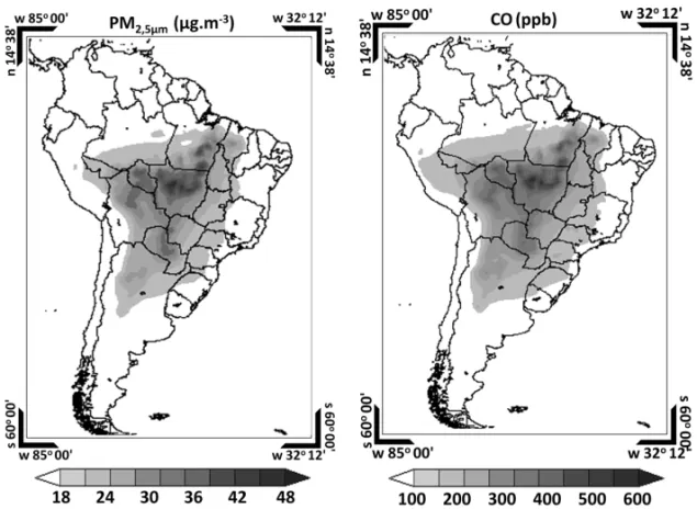 Figura 3 – Mapa da emiss˜ao total de PM 2,5μm (μg.m − 3 ) e CO (ppb) para o per´ıodo de 15/julho/2002 a 15/novembro/2002 modelados no CCATT-BRAMS.