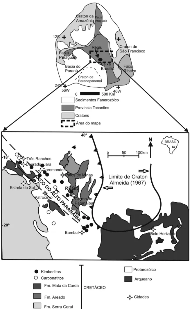 Figura 1 – Painel superior: mapa estrutural da Prov´ıncia Estrutural de Tocantins. Painel inferior: mapa geol´ogico regional simplificado da Prov´ıncia ´Ignea do Alto Parana´ıba (PIAP), indicando localizac¸˜ao do kimberlito R´egis (modificado de Schobbenha