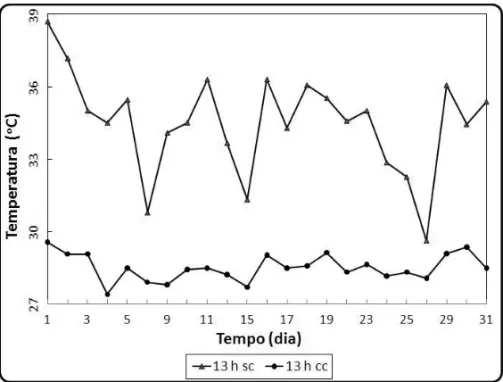 Figura 11 – Valores di´arios da temperatura a 0,02 m de profundidade, no mˆes de outubro de 2007, `as 13 h, nos locais com e sem cobertura vegetal.
