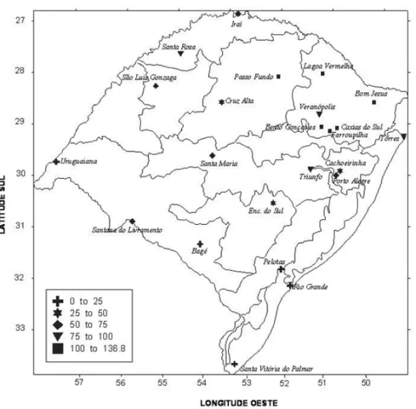 Figura 1 – Precipitac¸˜ao acumulada (mm) das 12 UTC do dia 19/02/03 `as 12 UTC do dia 20/02/03, para 22 estac¸˜oes meteorol´ogicas de superf´ıcie do Rio Grande do Sul.
