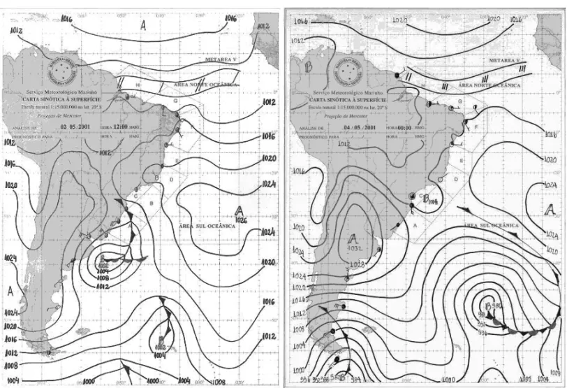 Figura 4 – Cartas DHN de 20010502 12Z e 20010504 00Z. Sistema que deu origem `a diferenc¸a m´axima observada entre grades OAS e WSA.