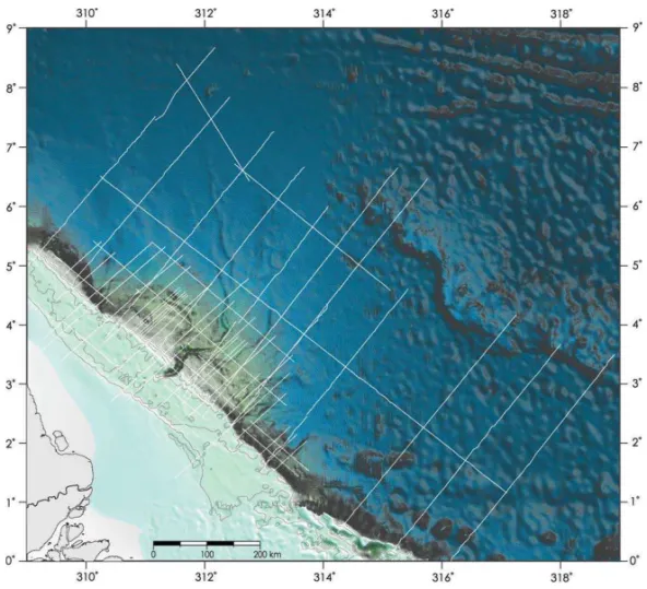 Figura 1 – Mapa batim´etrico regional da Bacia da Foz do Amazonas com localizac¸˜ao das linhas s´ısmicas utilizadas neste estudo