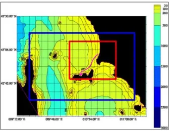 Figure 3.1: Maritime Rapid Environmental Assessment 2003 area : the channel working box (blue) and the Elba working box (red).