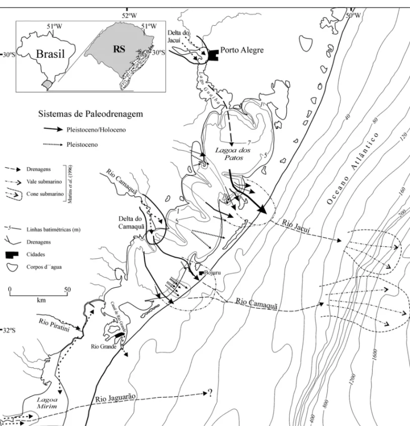 Figura 3 – Sistemas de paleodrenagens identificados nos registros s´ısmicos. Detalhes da plataforma continental e do talude modificados de Martins et al