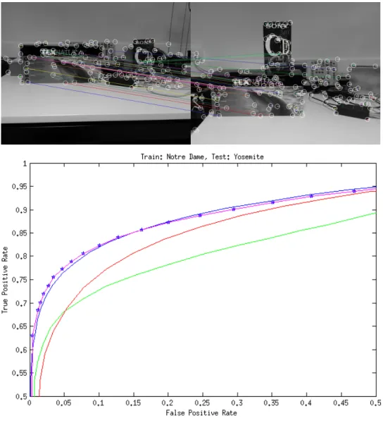 Figure 2.1: Top: Example of matching. Bottom: comparison between our descriptor (blue), BRISK (green), BRIEF (red) and LDAHash (pink) over 200,000 patches.