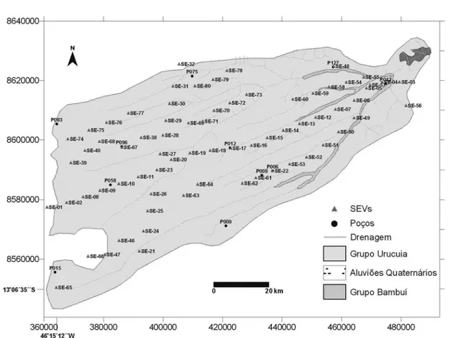 Figura 2 – Mapa geol´ogico da ´area de estudo mostrando a rede drenagem, os centros das sondagens realizadas e os poc¸os de produc¸˜ao de ´agua.
